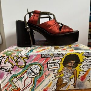 Jeffrey Campbell satin and leather platform sandal, size 7.5